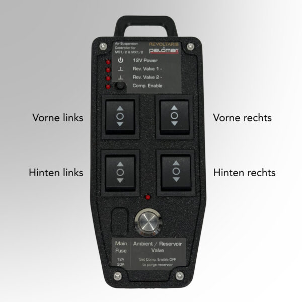 Bedienfeld des Air-Suspension Controllers mit je einer Taste zum Heben und Senken pro Rad