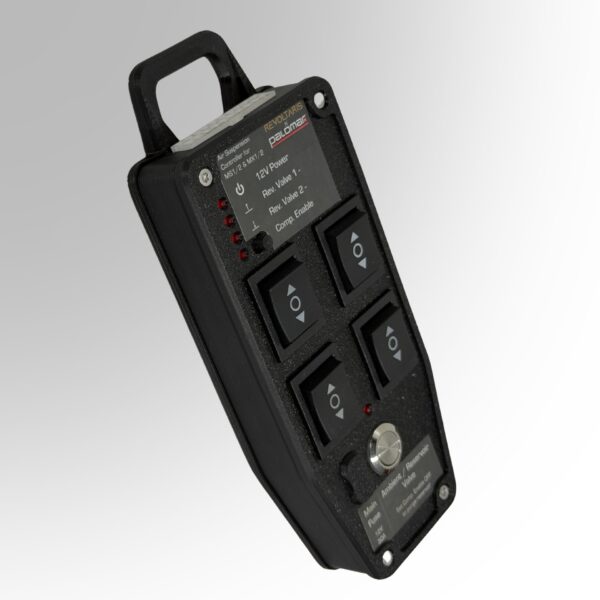 Air-Suspension Controller von schräg oben mit Tragegriff und beschriftetem Bedienfeld