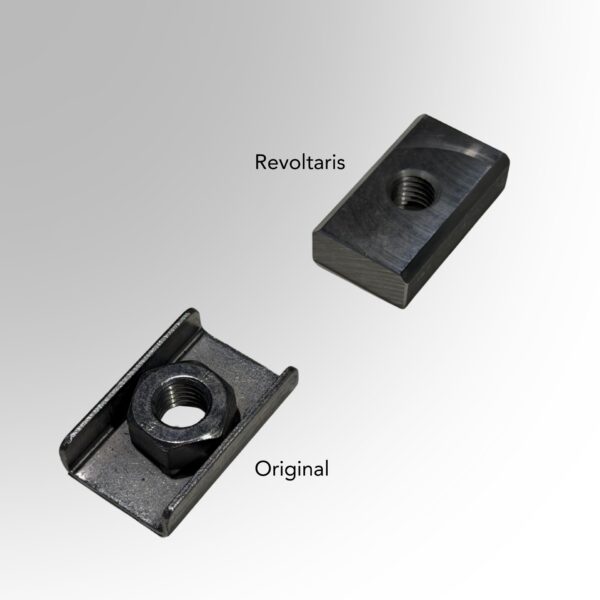 Vergleich von originalem Nutplate und Revoltaris M14 Gewindeplatte aus dem Vollen gefertigt